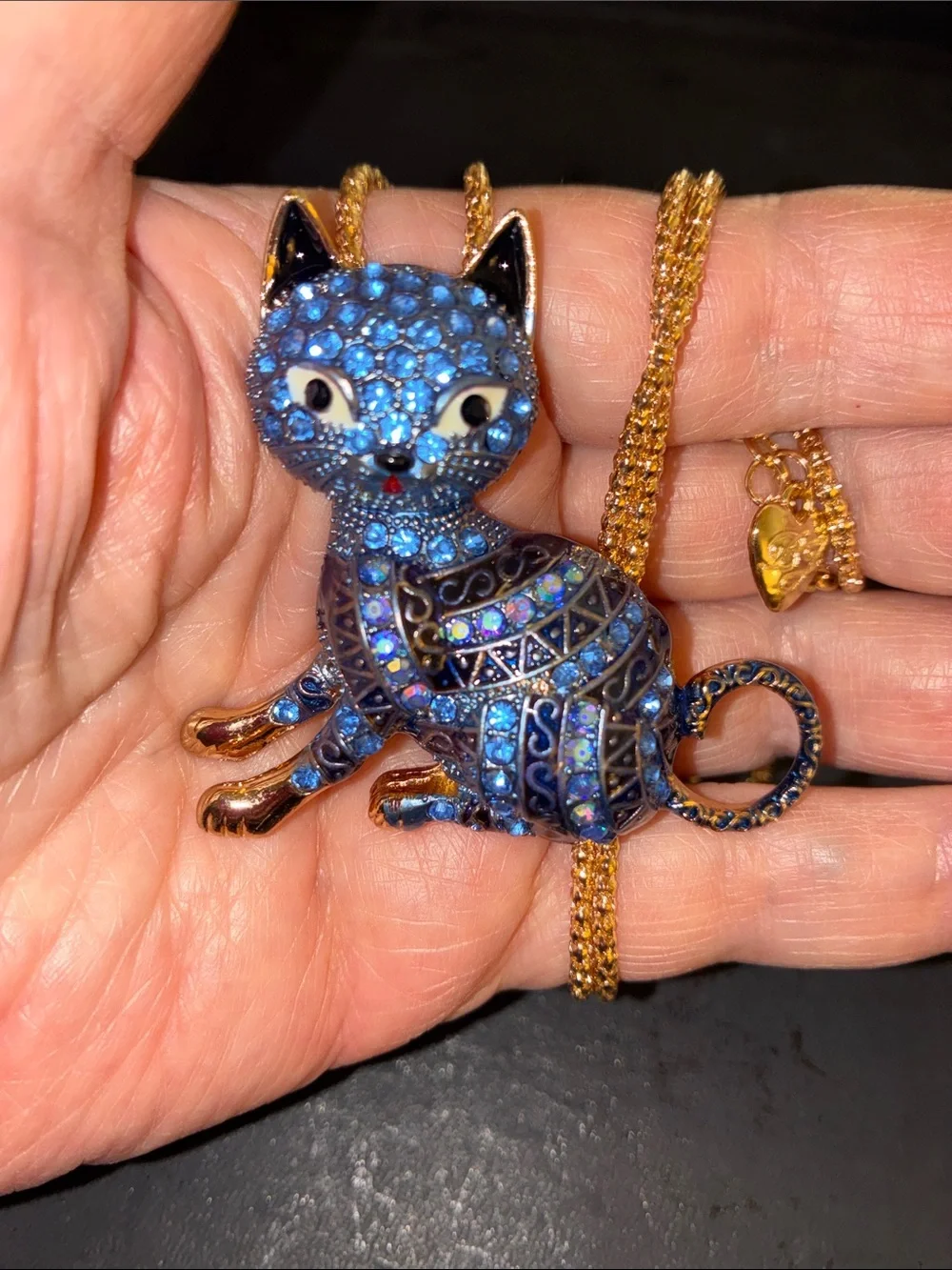 Blue Crystal Cat Pendant Necklace with Gold Accents